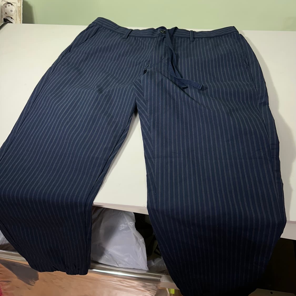 L 유니클로 네이비 스트라이프 써머코튼 밴딩팬츠 상품이미지2