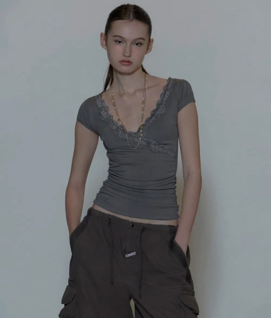 스컬프터 Lace Trim Wrap Tee Charcoal 상품이미지5