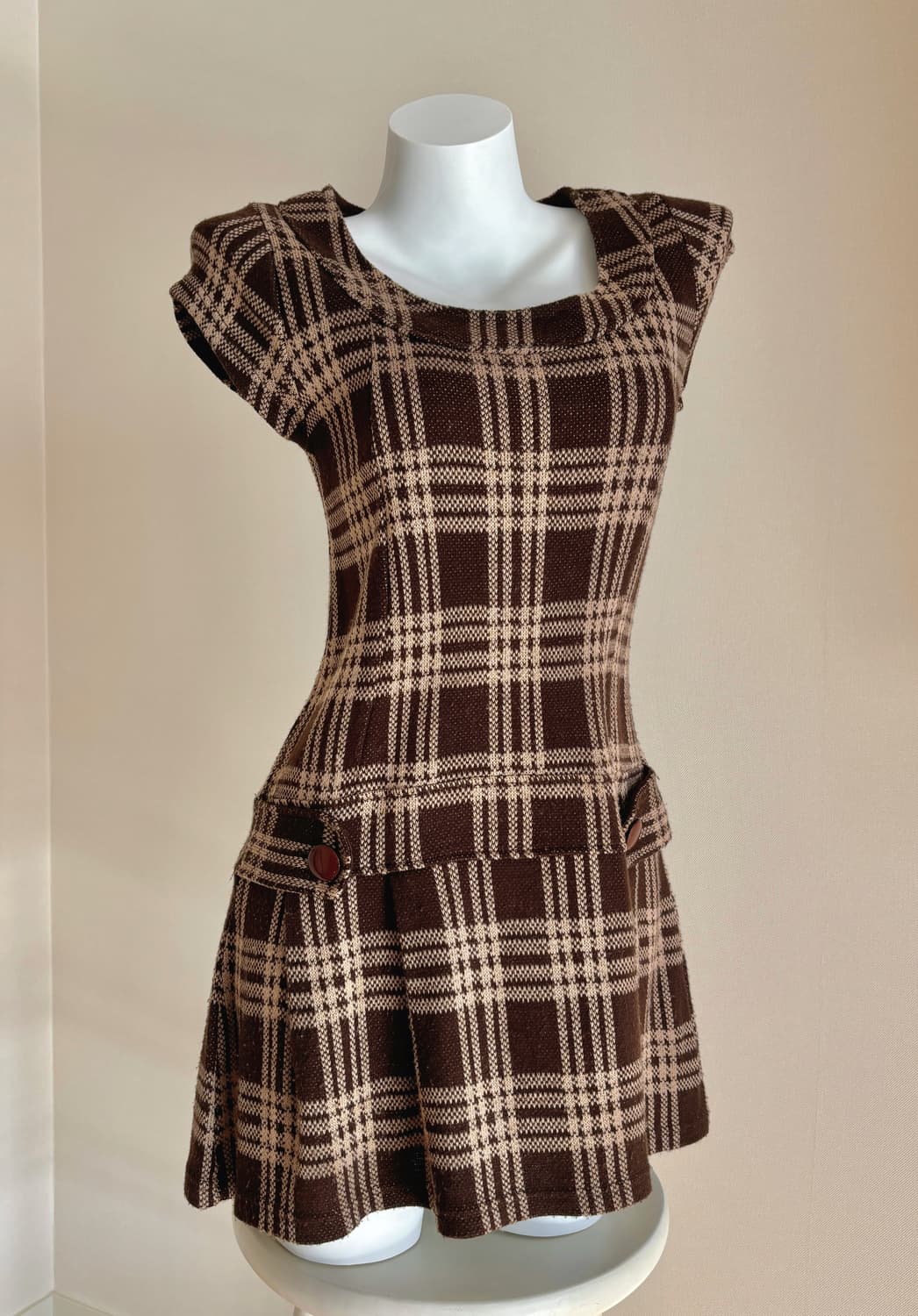 라떼갸루 초코 체크 버튼 원피스 브라운 상품이미지1