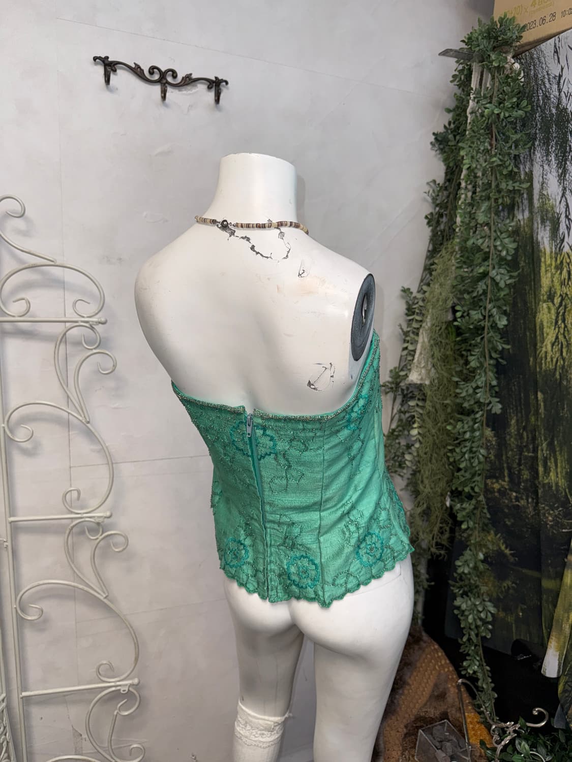 Green beads floral embroid silk corset 상품이미지3