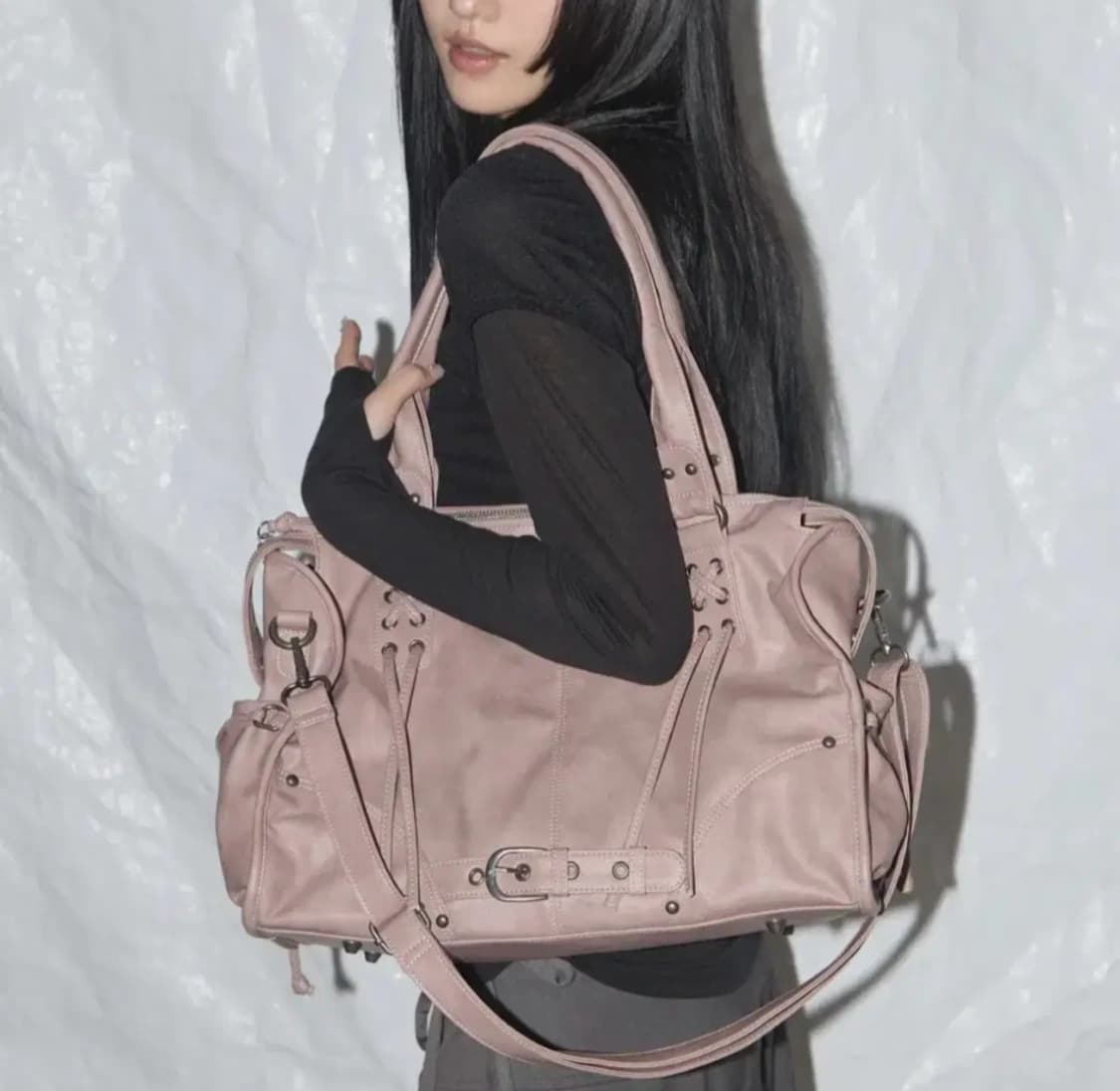 팬시클럽 벨티드 워싱 레더백 핑크그레이 리즈리사트랄라라메조피아노히메갸루 상품이미지3