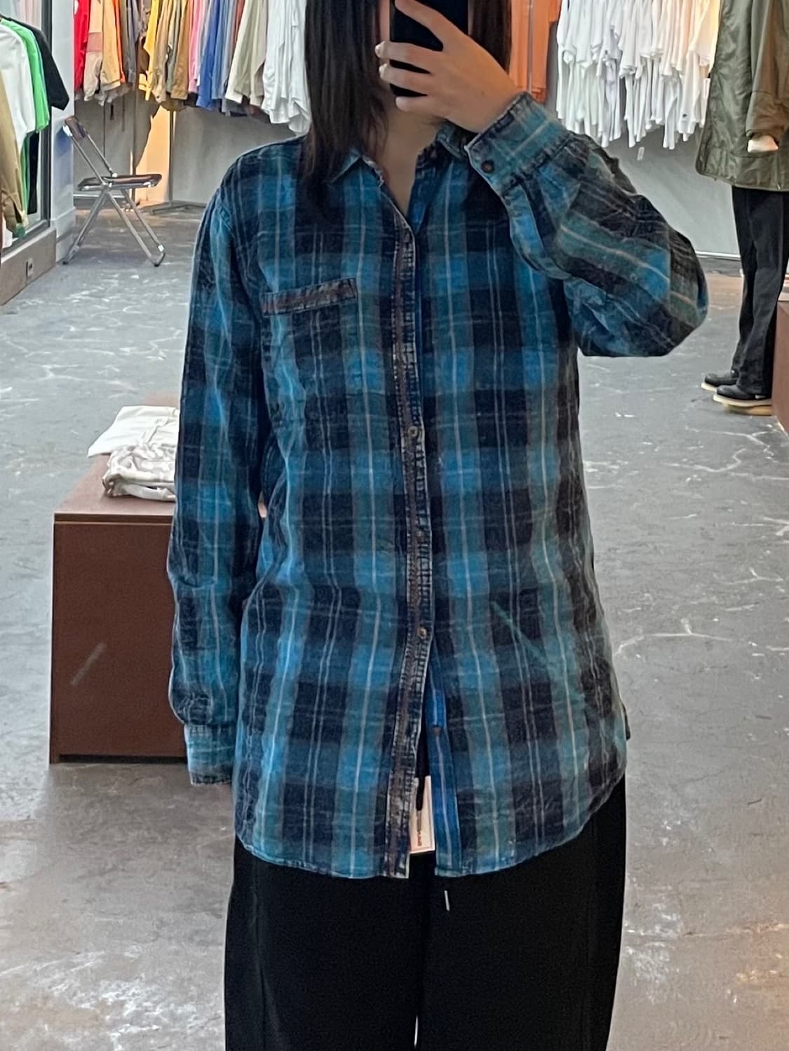 빈티지 블루 체크 무늬 플란넬 셔츠 H1460 상품이미지1