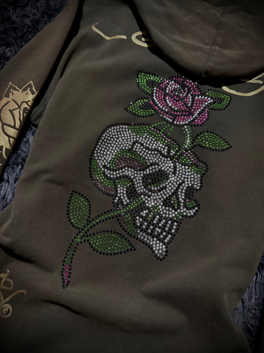 Ed Hardy 카키 올드스쿨 장미 프린팅 큐빅 디테일 후드집업 상품이미지7