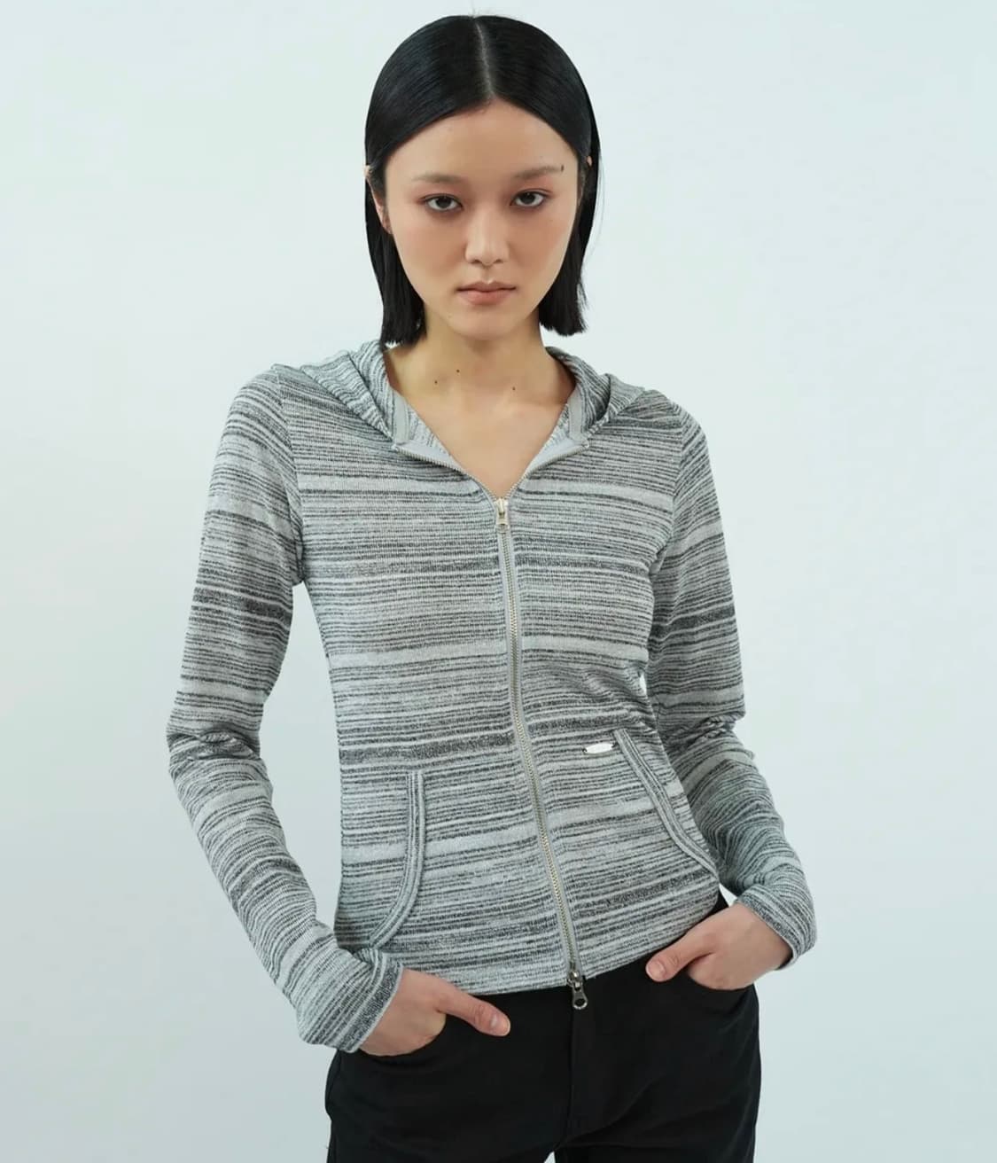 Stripe slim hood zip-up black 상품이미지1