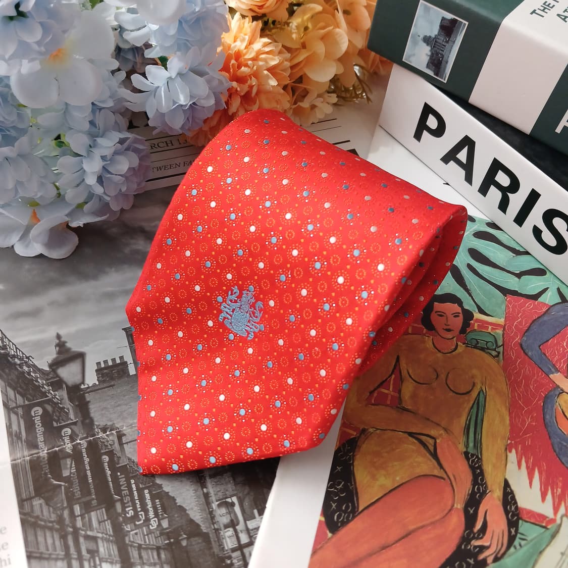 아쿠아스큐텀 실크 다홍 도트 패턴 넥타이 8.8cm S~A+등급 E934 상품이미지3