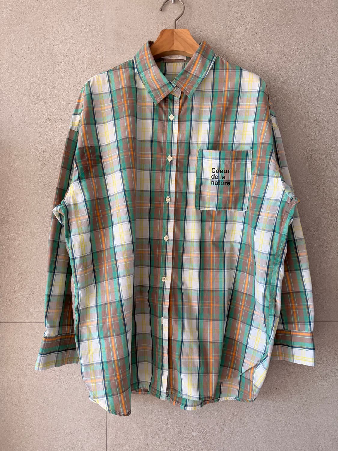 여성 셔츠 오버핏 연두색 오렌지 체크 상품이미지1