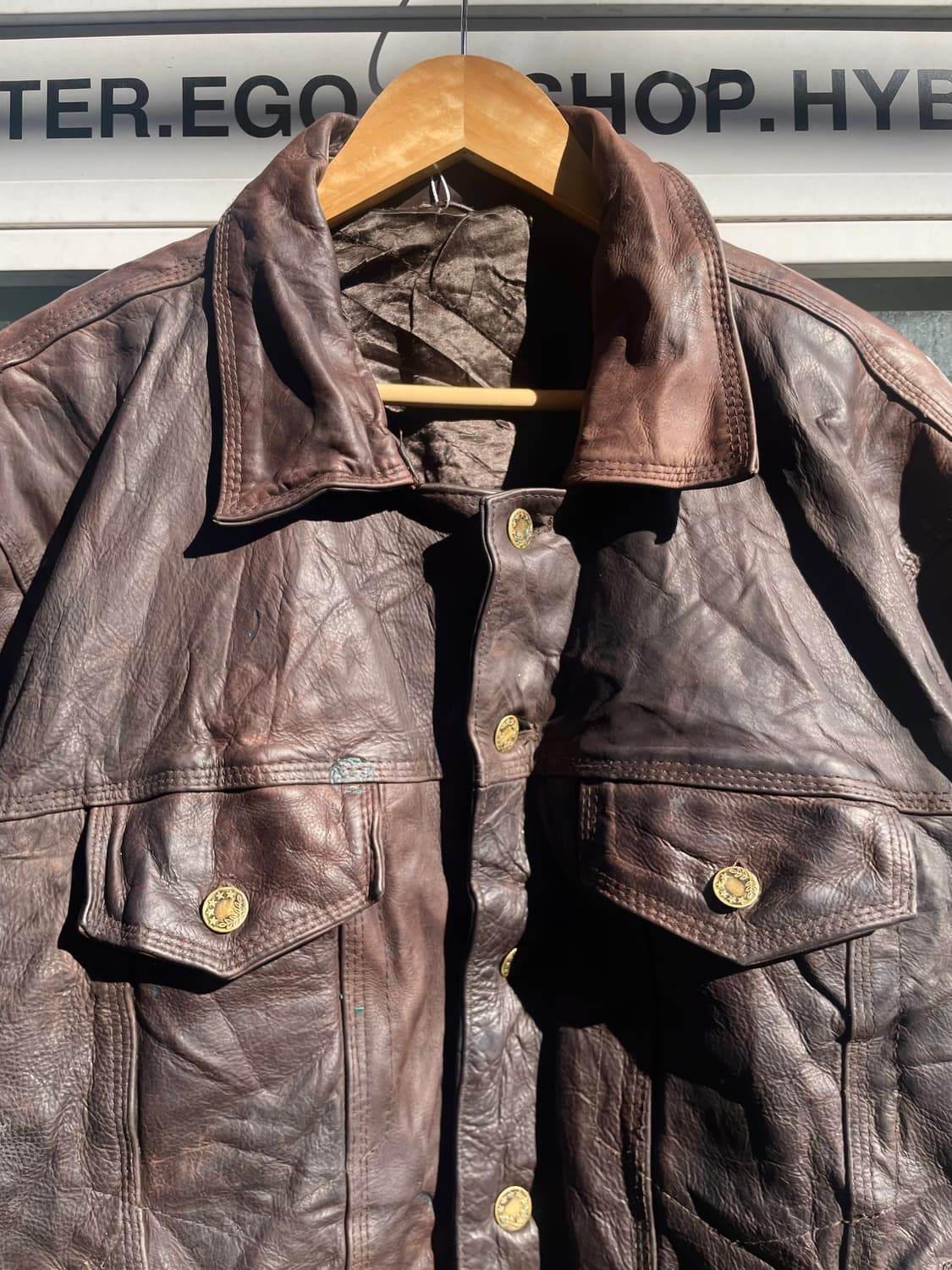 Vintage Brown Leather Trucker Jacket 상품이미지5