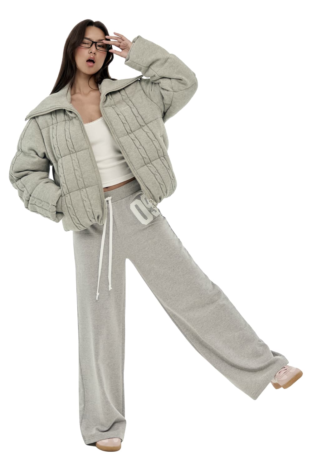 클리시어 케이블 니트 푸퍼 패딩 그레이 상품이미지6