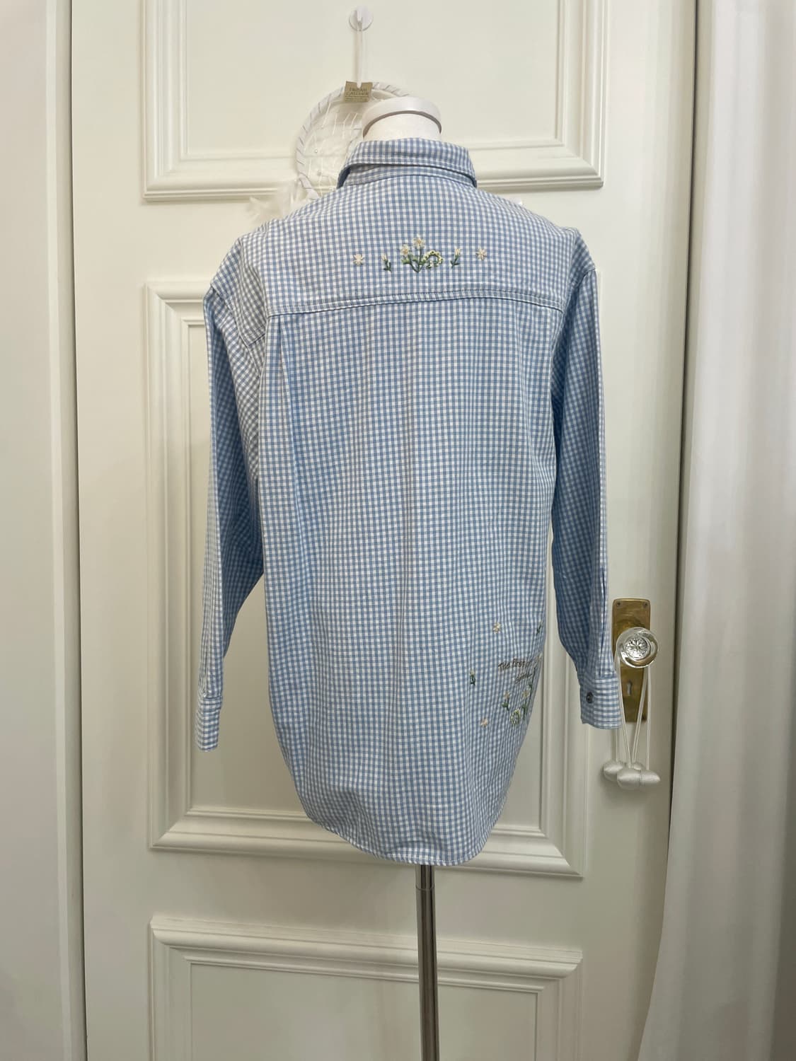 blue gingham check flower embroidery shi 상품이미지3