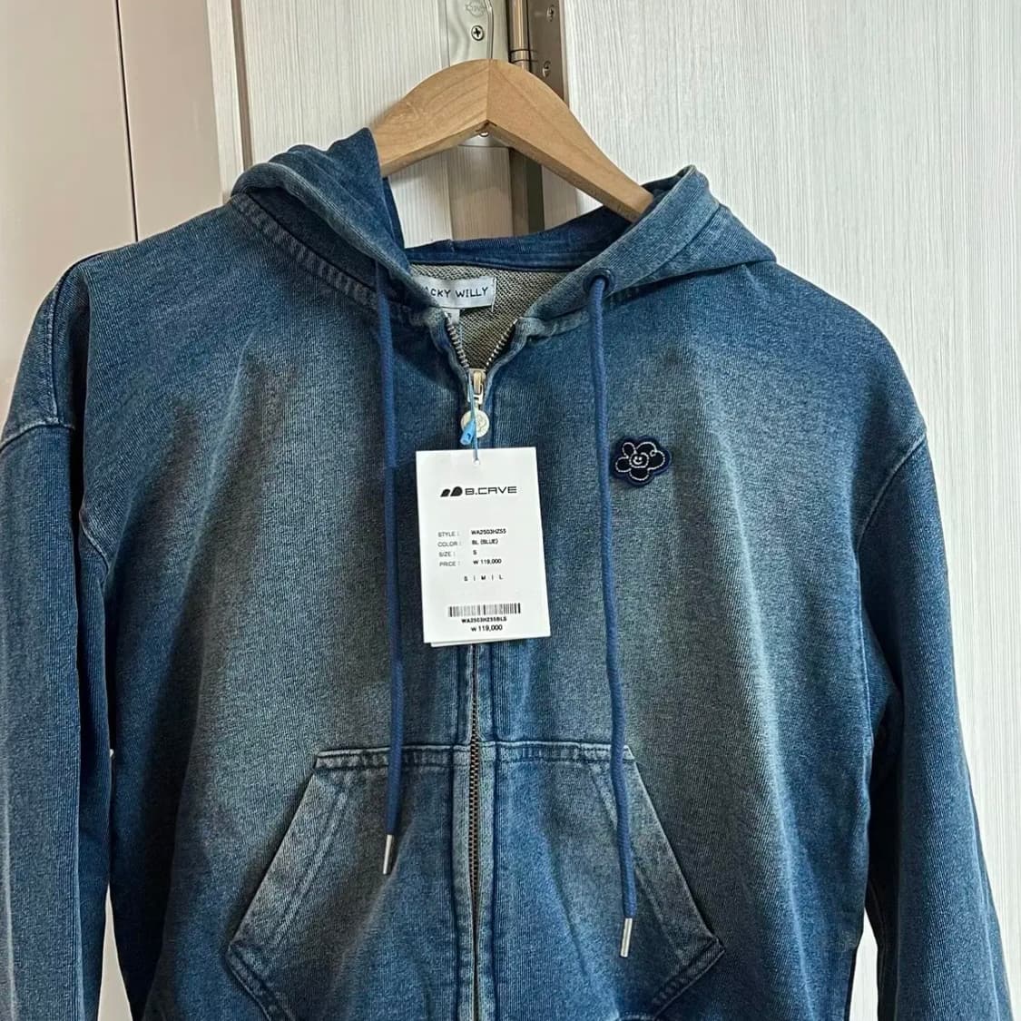 와키윌리 데님워싱 크롭 후드집업 블루 S 상품이미지2