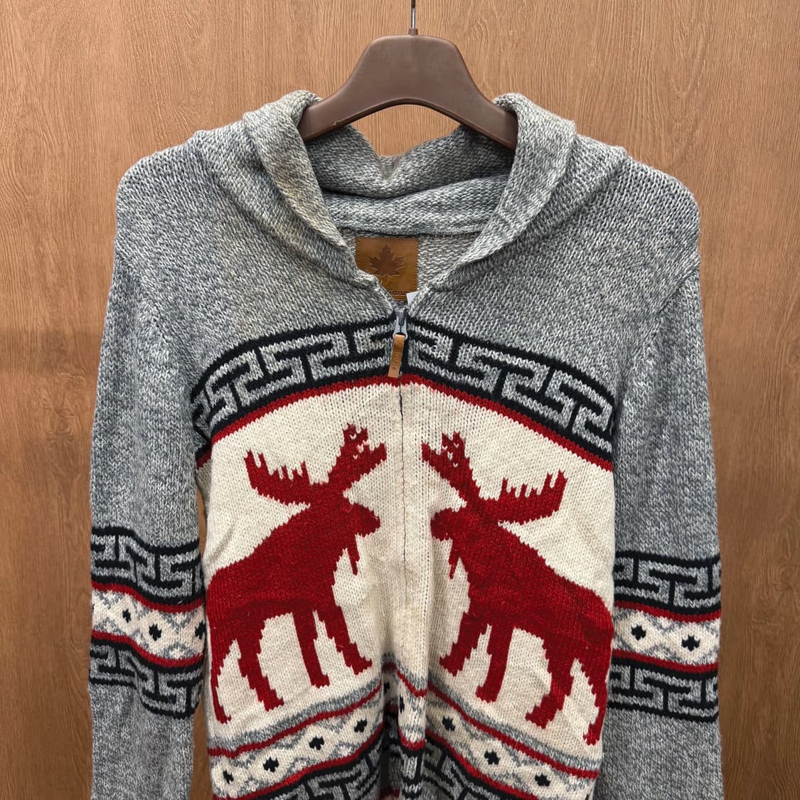 빈티지 니트 집업 가디건 순록 메이플 패턴 디테일 루즈핏 그레이 상품이미지4