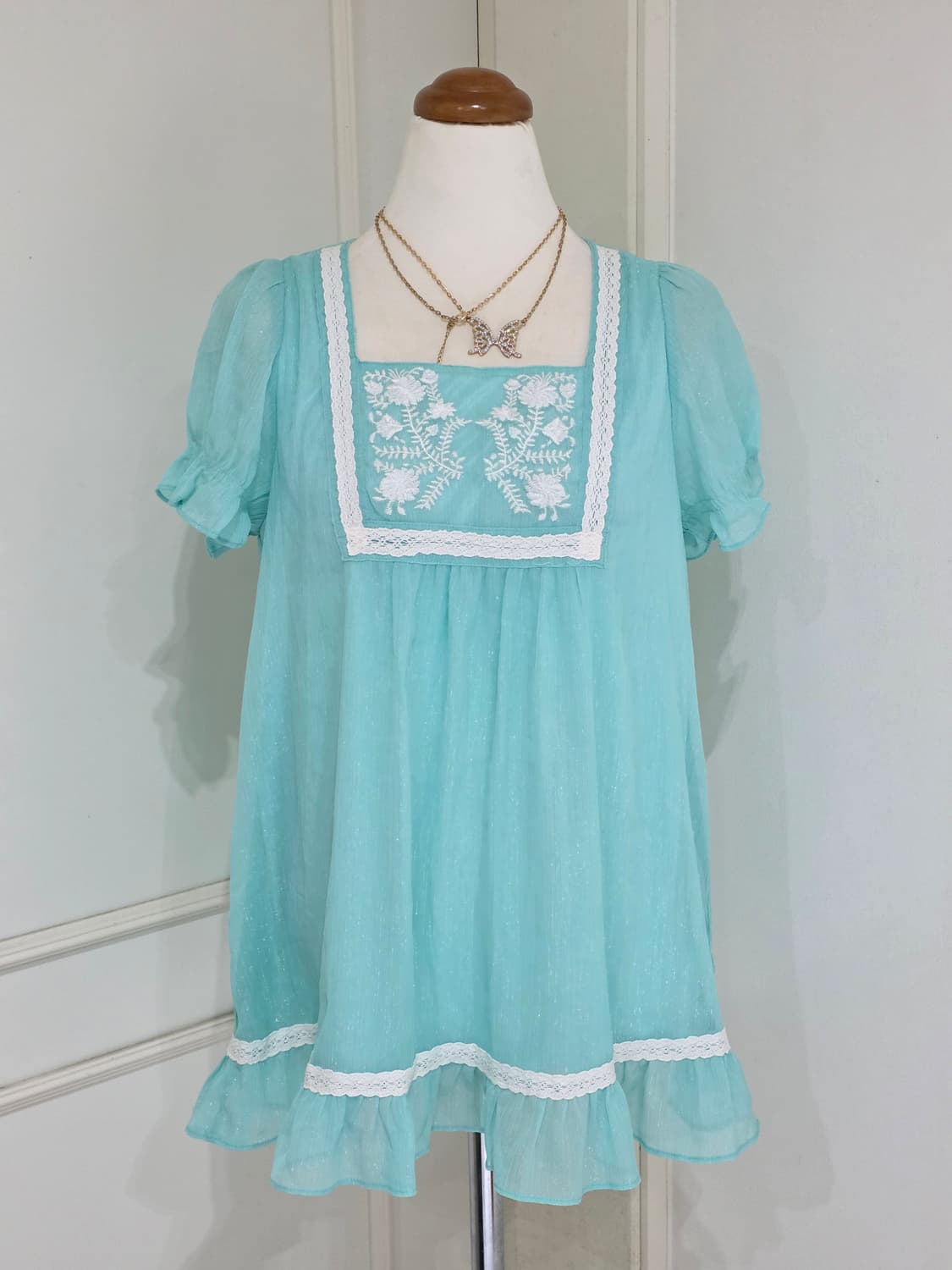 일본빈티지)민트모리걸 페어리계 레이스자수프릴퍼프 글리터 히메갸루 블라우스 상품이미지1