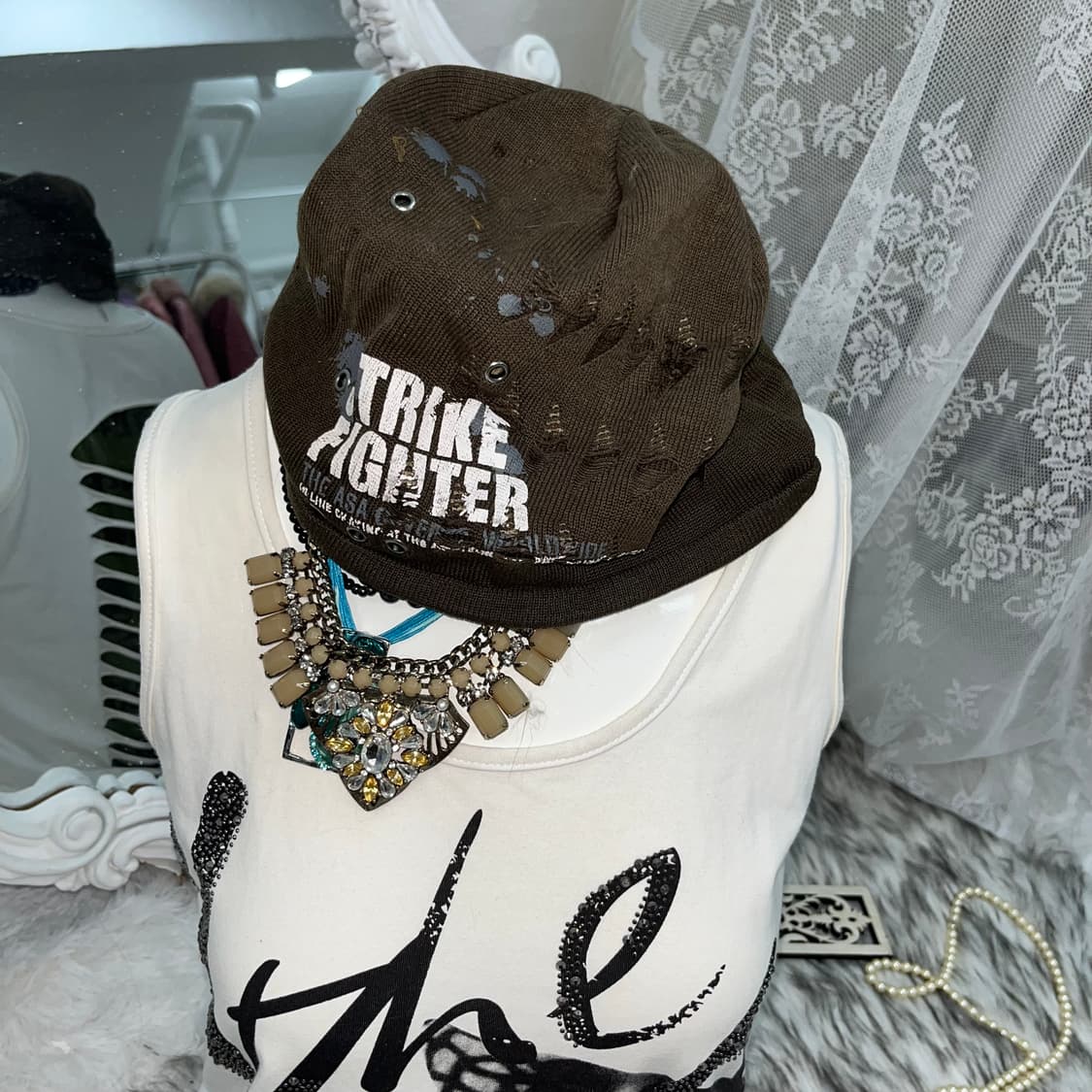 00‘s 그런지 카키 스트라이프 비니 상품이미지1