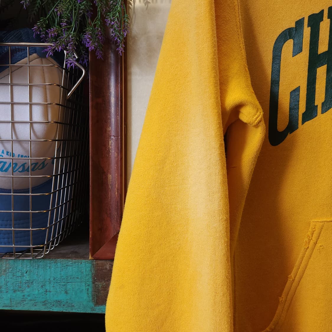 90s 러셀 후드 빈티지 스웻셔츠 썬페이딩 옐로우 프린팅 s 상품이미지7
