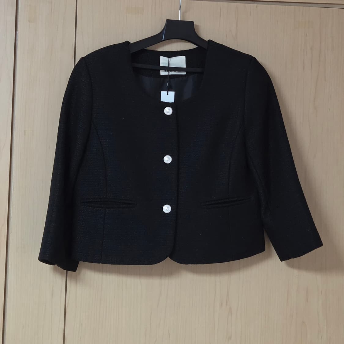 택달린새상품) 미엘 miel 브레스자켓 블랙 노카라 7부 숏 트위드 상품이미지7