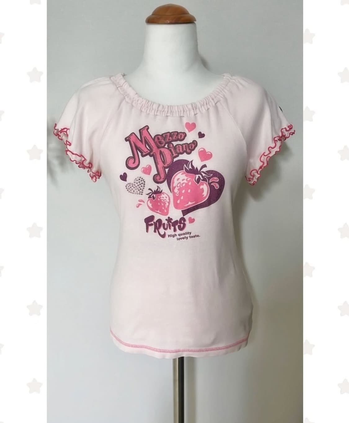 메조피아노 딸기 프린팅 글리터 오프숄더 반팔 조지후쿠 헤이세이 데코라 탑 상품이미지1