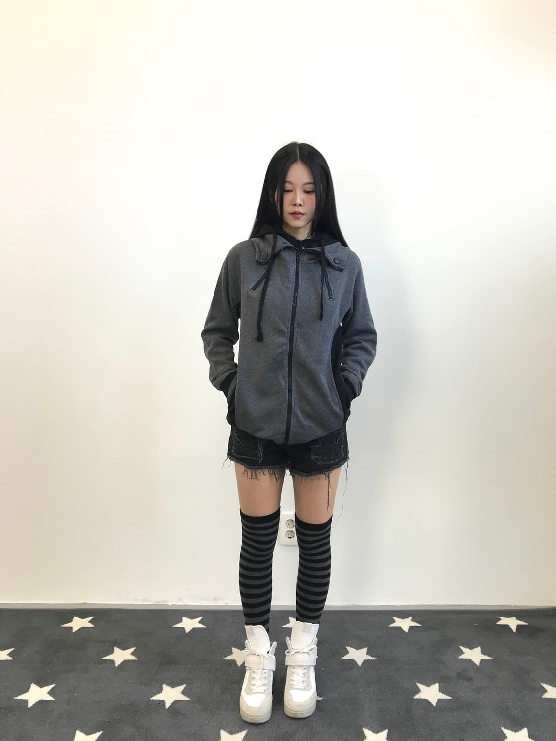 Jpn Y2k High-Neck Layered Zip-Up Hoodie 상품이미지1