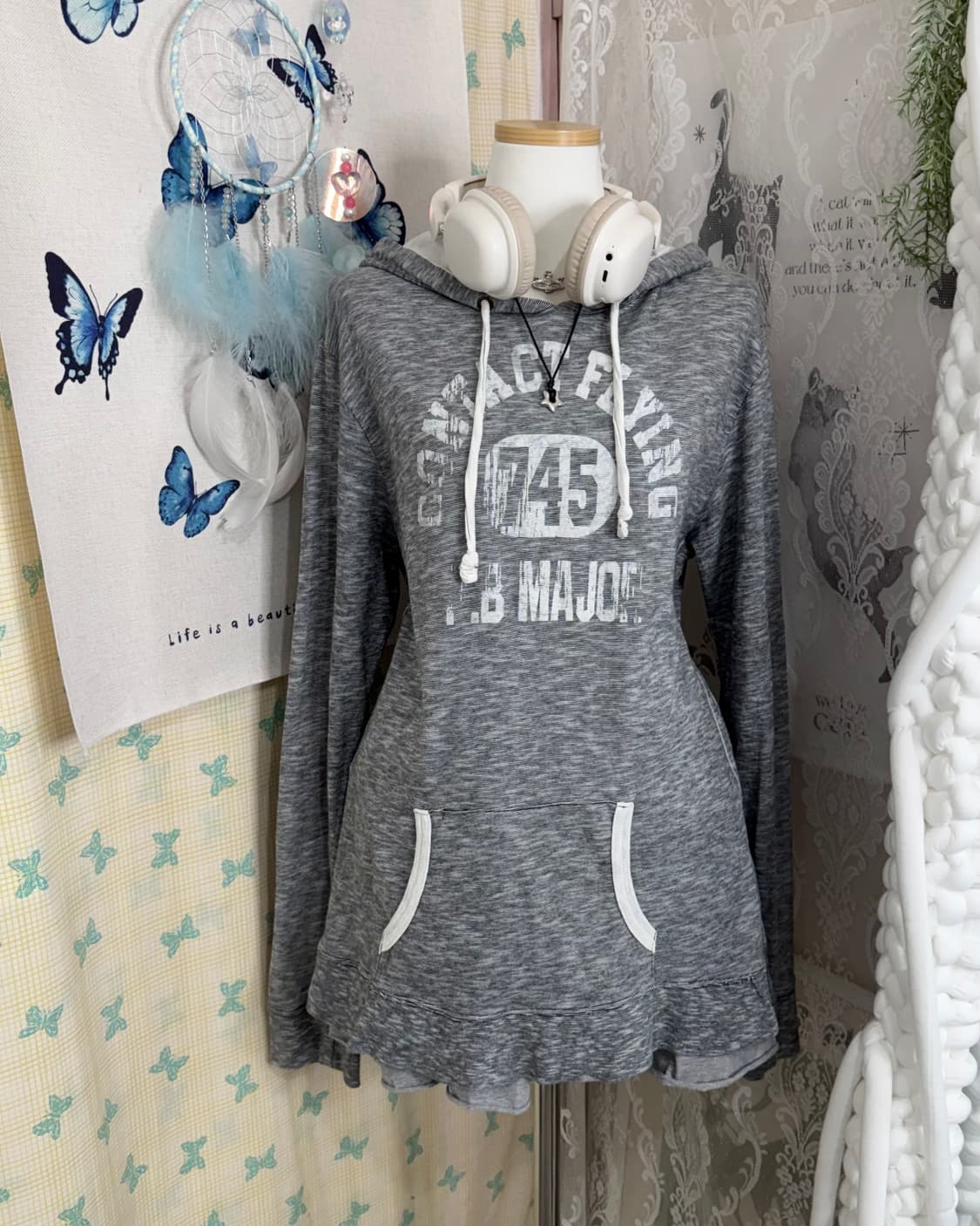 차콜 그레이 레터링 후드 티셔츠 상품이미지3