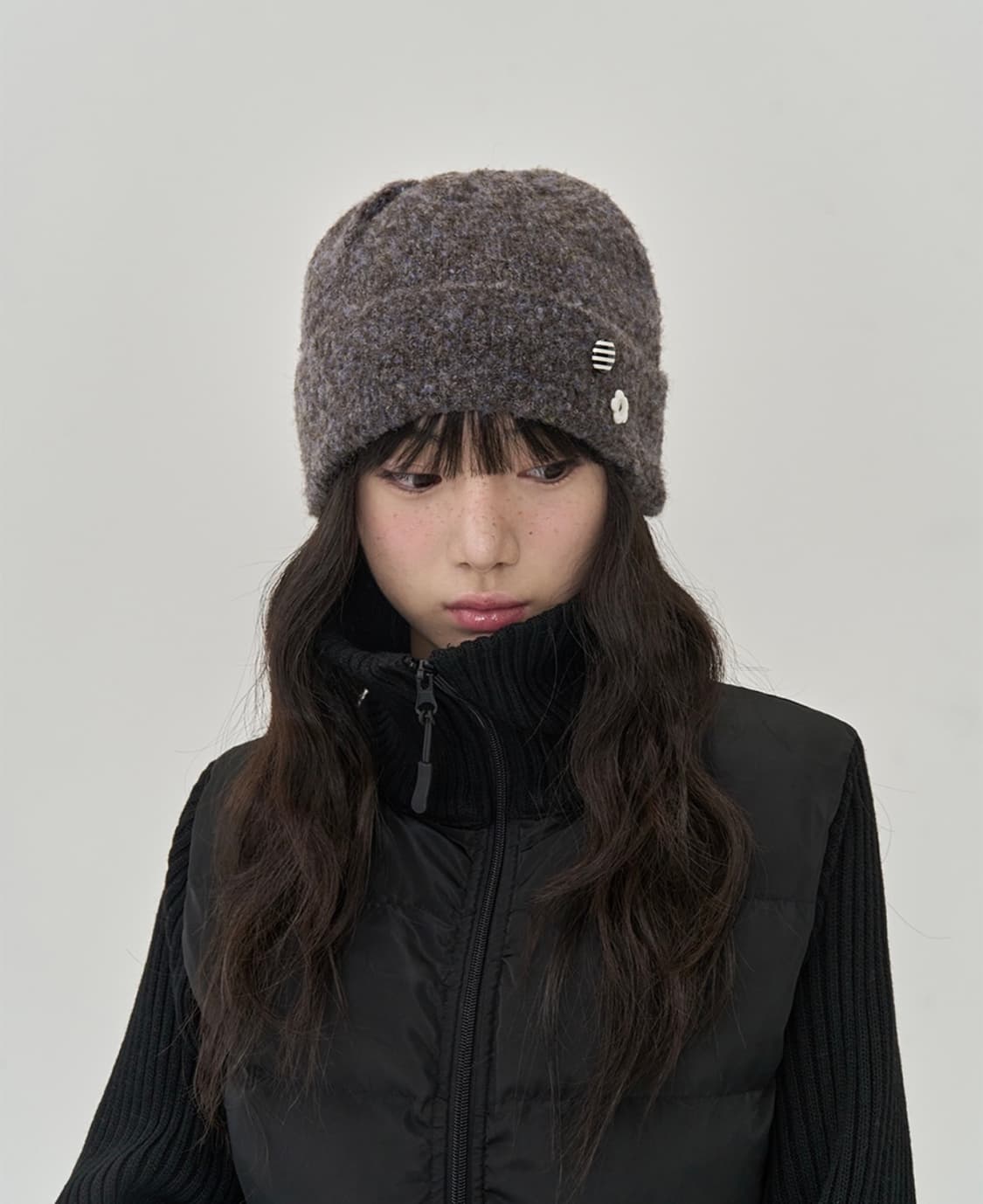 토피우먼 버튼 포인트 비니 브라운 상품이미지1