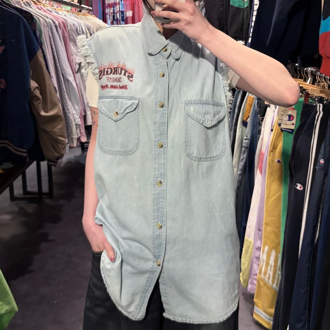 [IM]vtg 바이커 프린팅 컷오프 데님 베스트 연청 상품이미지5