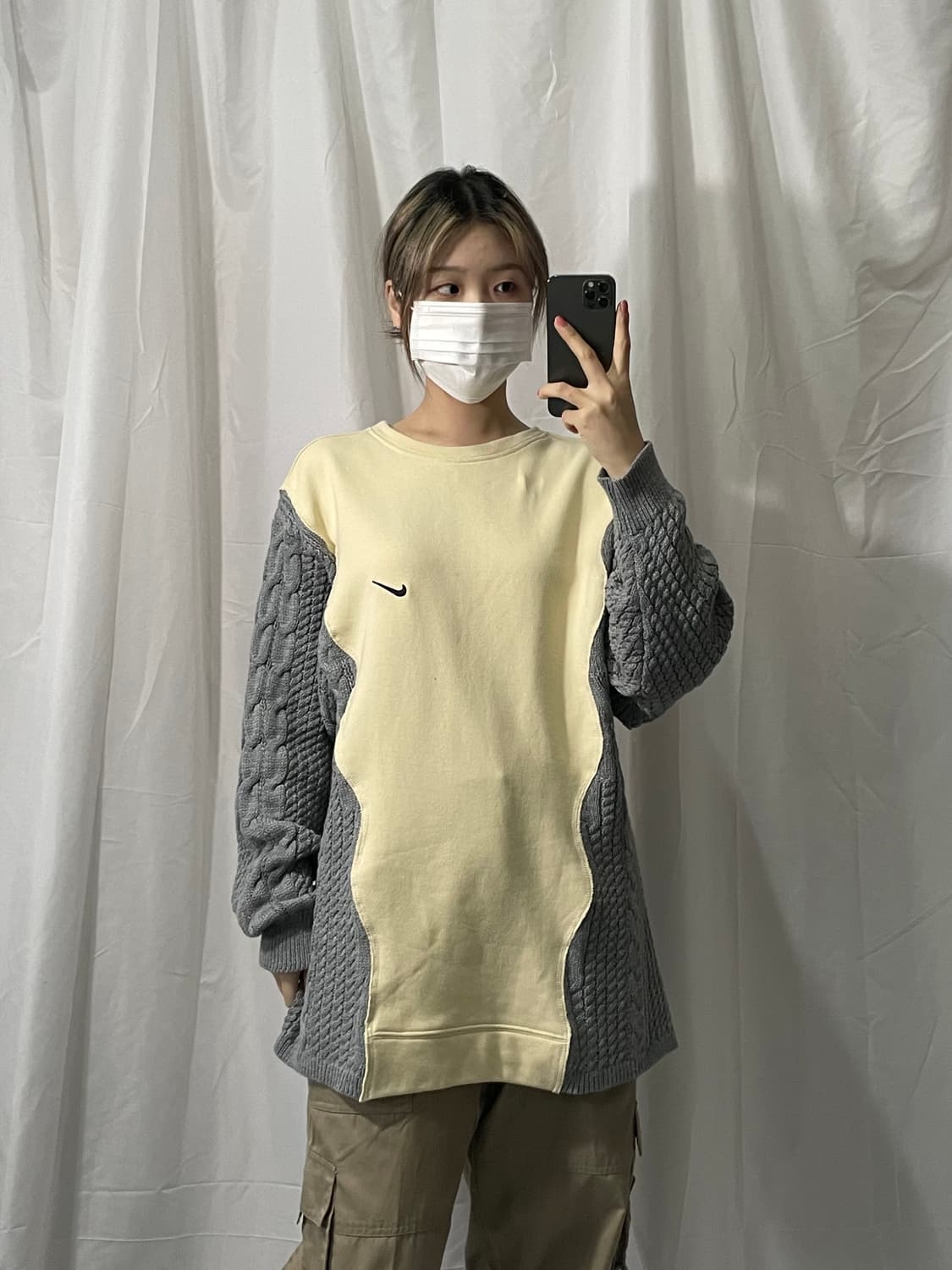 나이키 아이보리 그레이 니트 오버로크 맨투맨 XL 상품이미지3