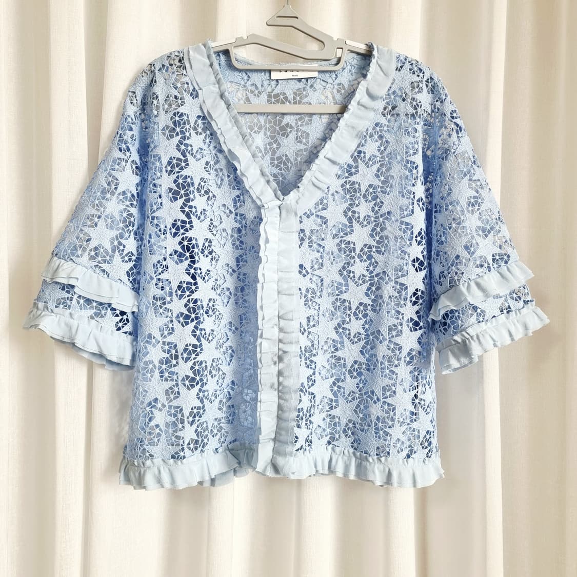 산드로 Sandro 실크러플 펀칭레이스 시스루 블라우스 (55-66/2) 상품이미지1