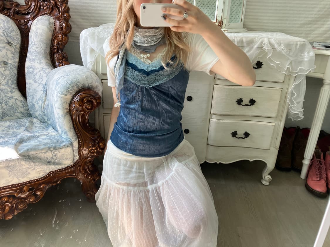 Set)블루 벨벳 레이스 나시 + 레이스 오프숄더 반팔+소라레이스머플러 상품이미지5