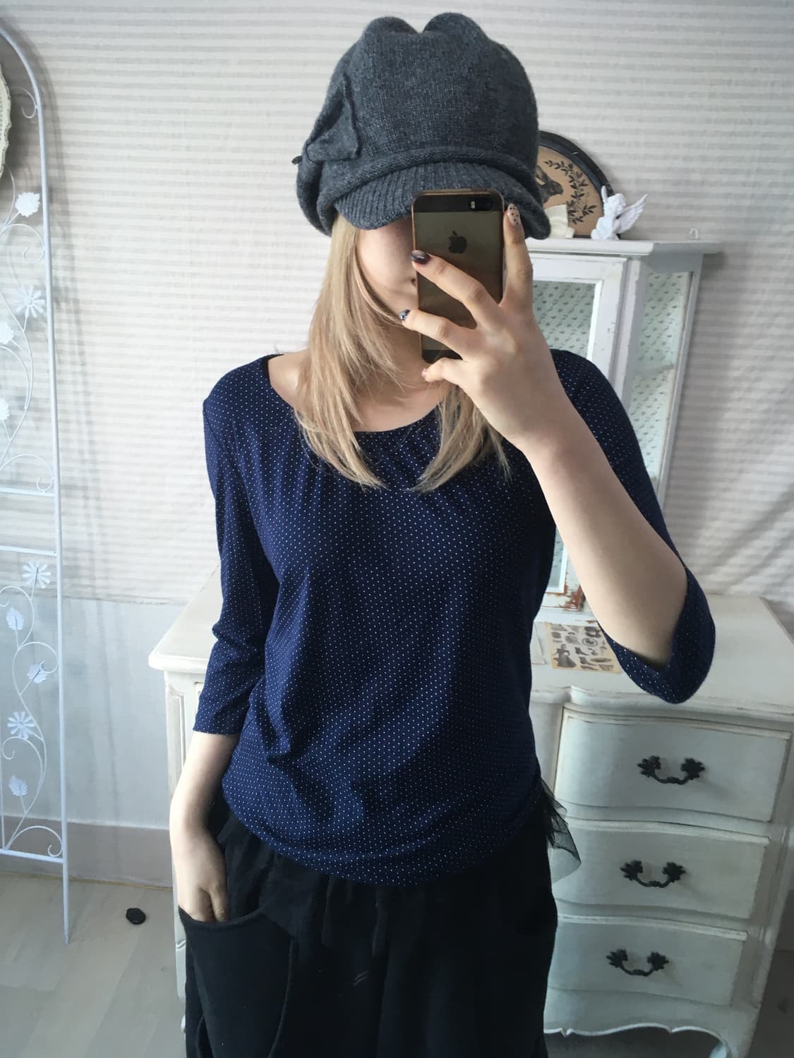 일본빈티지 네이비 도트 티셔츠 상품이미지4