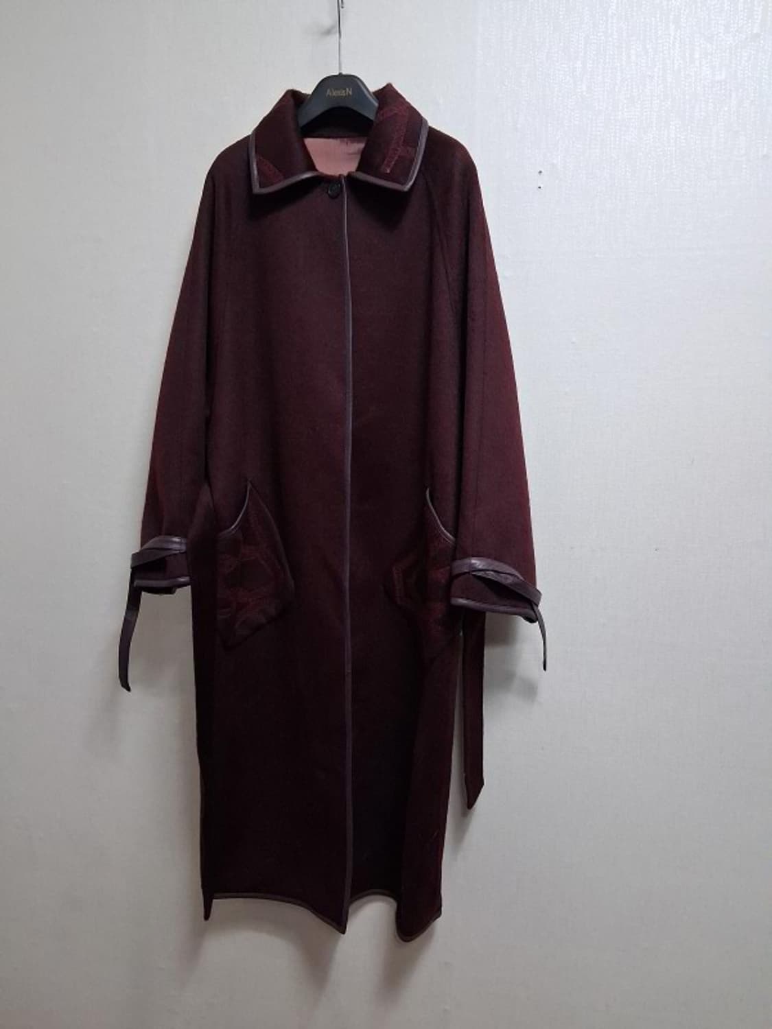 수입 낙타털 혼합 천연양가죽 배색 양모롱코트 와인 버건디칼라 새거 프리 상품이미지1
