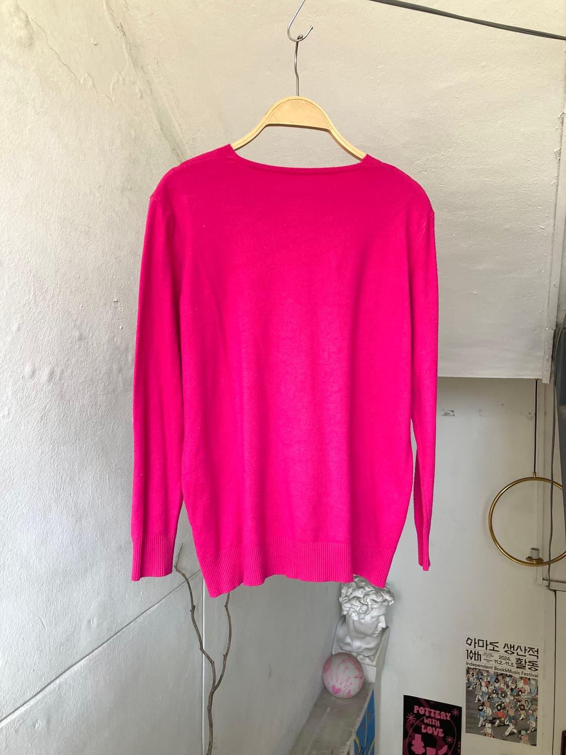 푸시아 핑크 브이넥 니트 롱슬리브 탑 상품이미지5