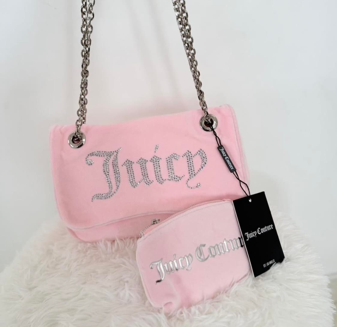 쥬시꾸뛰르 벨벳 스톤 체인 숄더백/크로스백 핑크 상품이미지1