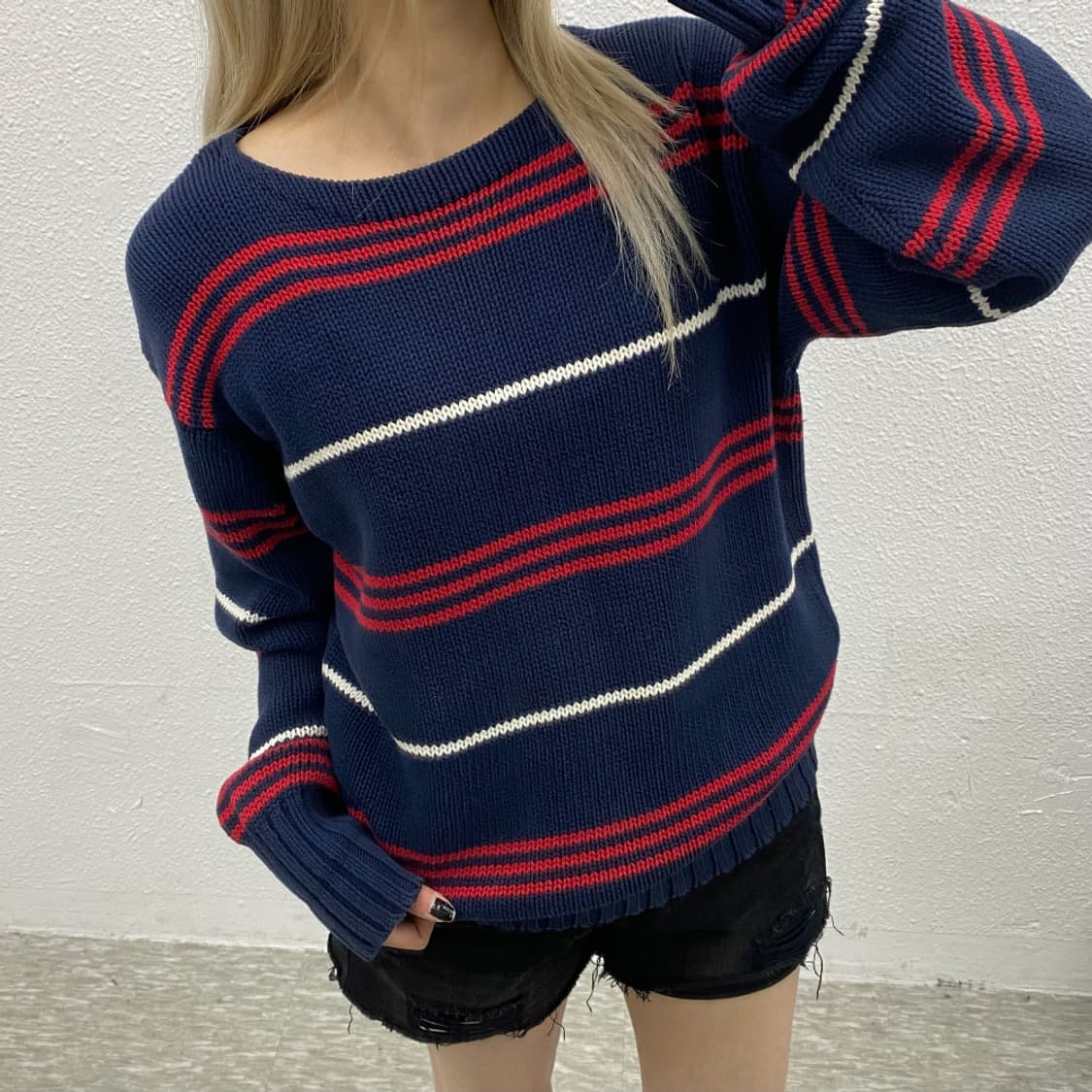 폴로 랄프로렌 레드 스트라이프 배색 네이비 니트 L 상품이미지1