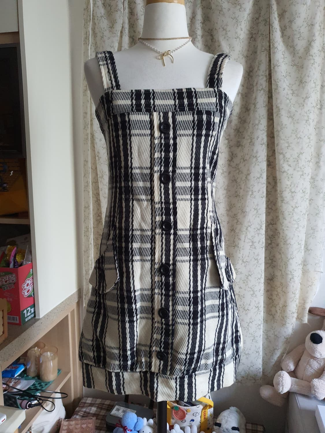 [빈티지] 체크무늬 멜빵 미니 원피스 44 상품이미지1