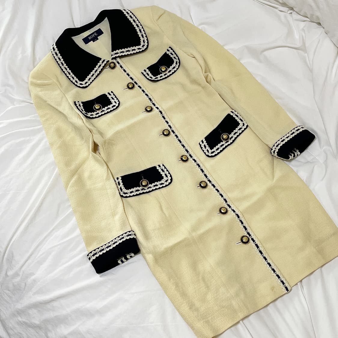 빈티지 ) 레이스트리밍 버터옐로우 미디원피스 & 롱자켓 상품이미지2