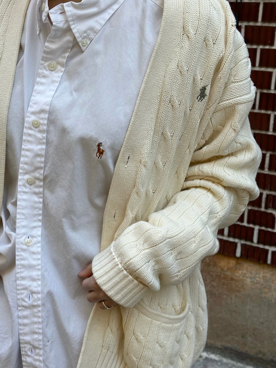 폴로 케이블 니트 떡코 후드 가디건 폴로 셔츠 체크 벌룬 스커트 코디 상품이미지9