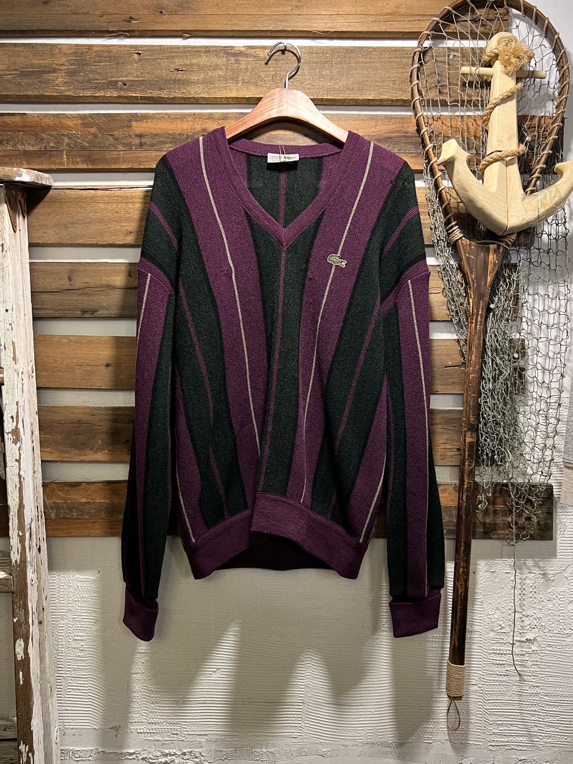 [L]90's 라코스테 빈티지 스트라이프 버건디 울 니트 상품이미지1