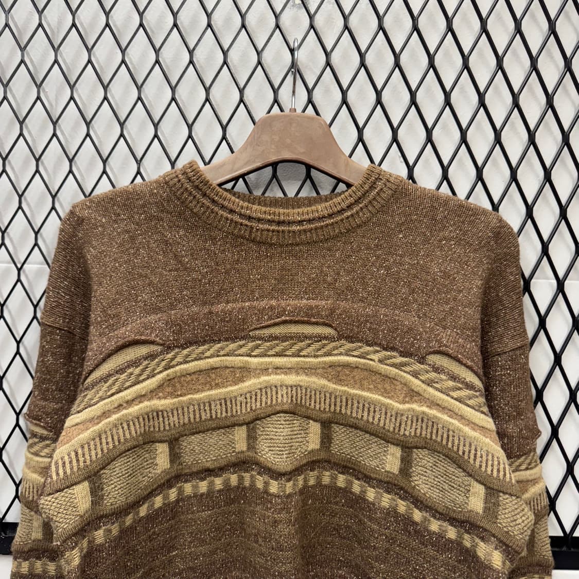 JPN VTG 기하학 패턴 울 니트 스웨터 케이블 디테일 브라운 상품이미지3