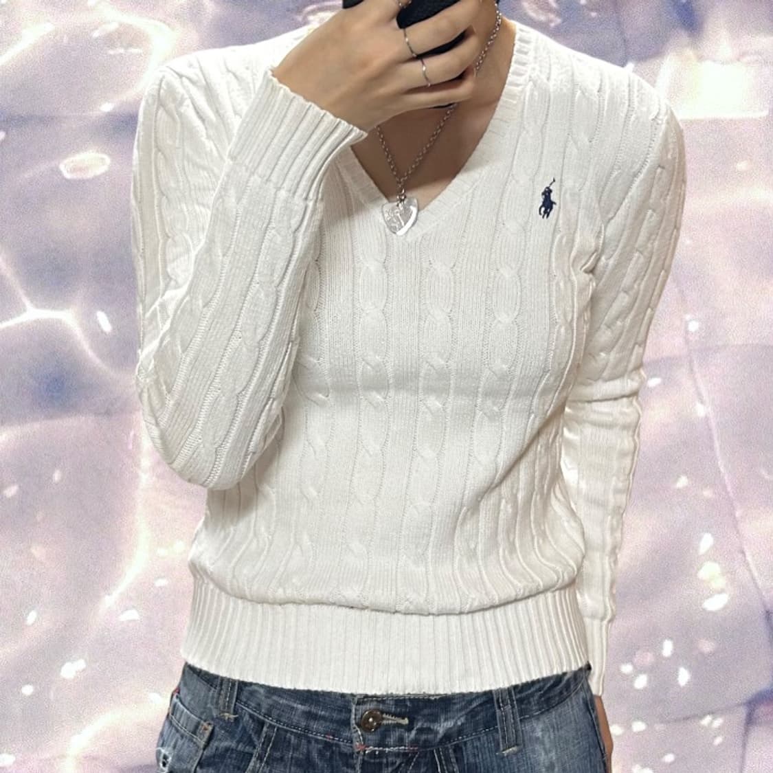 폴로 랄프로렌 신형 큐알 브이넥 꽈배기 니트 화이트 XS 상품이미지2