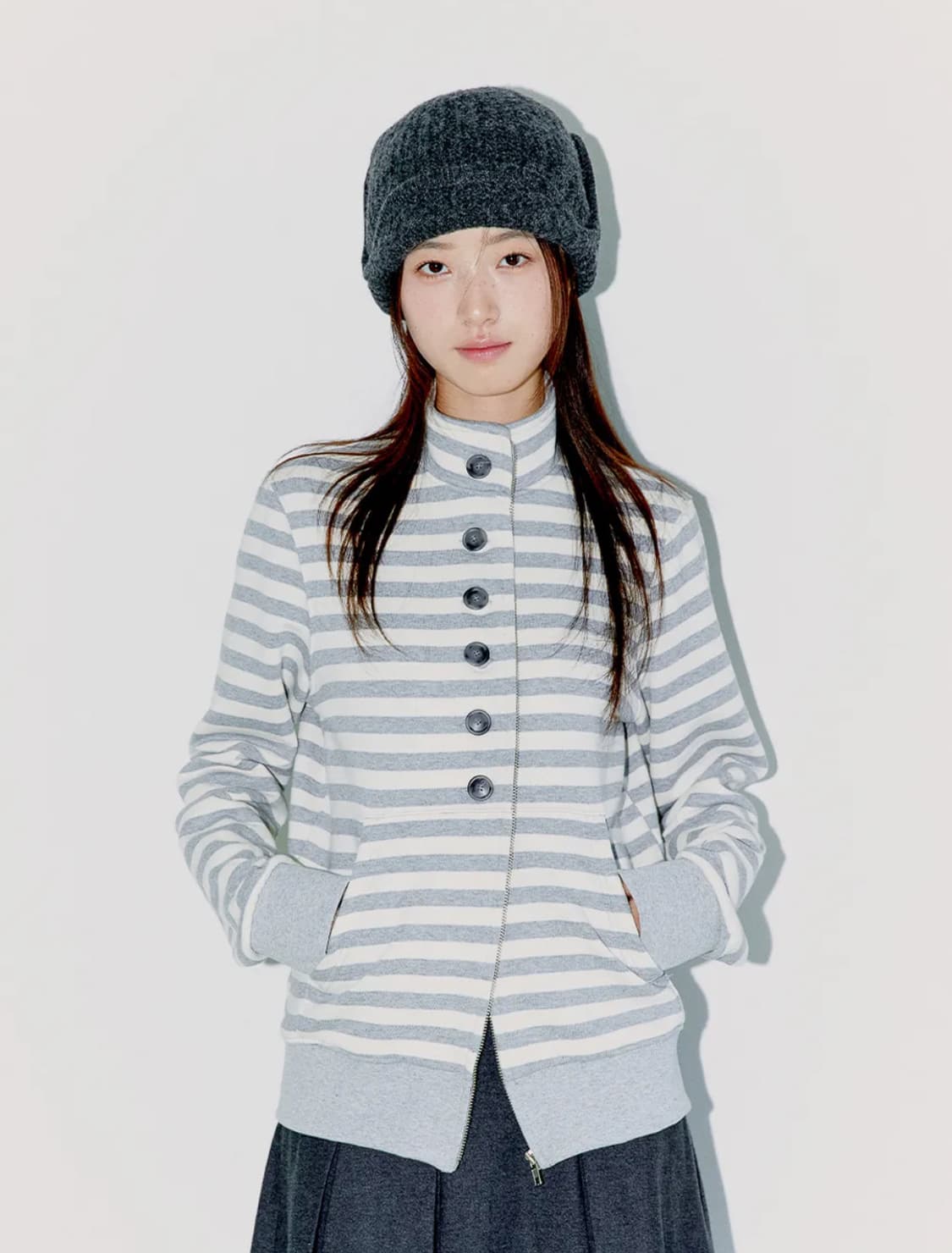 오피쉬 BUTTON STRIPE TWO-WAY ZIP UP MELANGE 상품이미지1