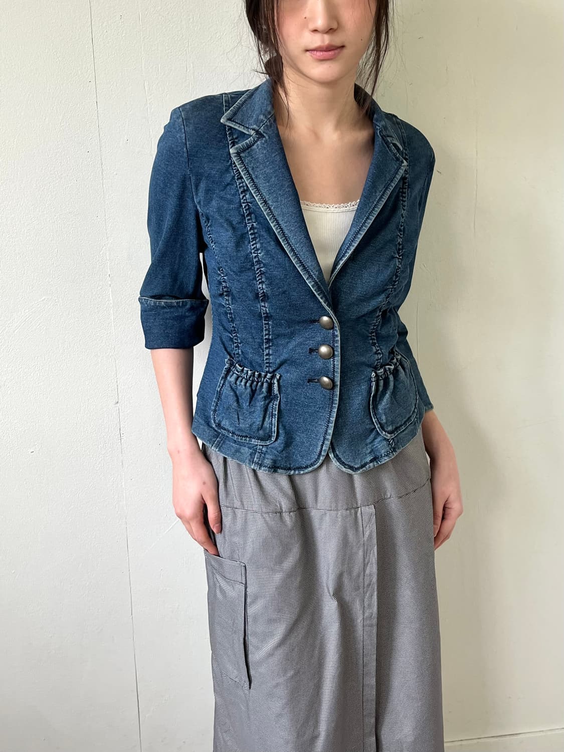 EMMAJAMES 셔링 크롭 데님 자켓 상품이미지4