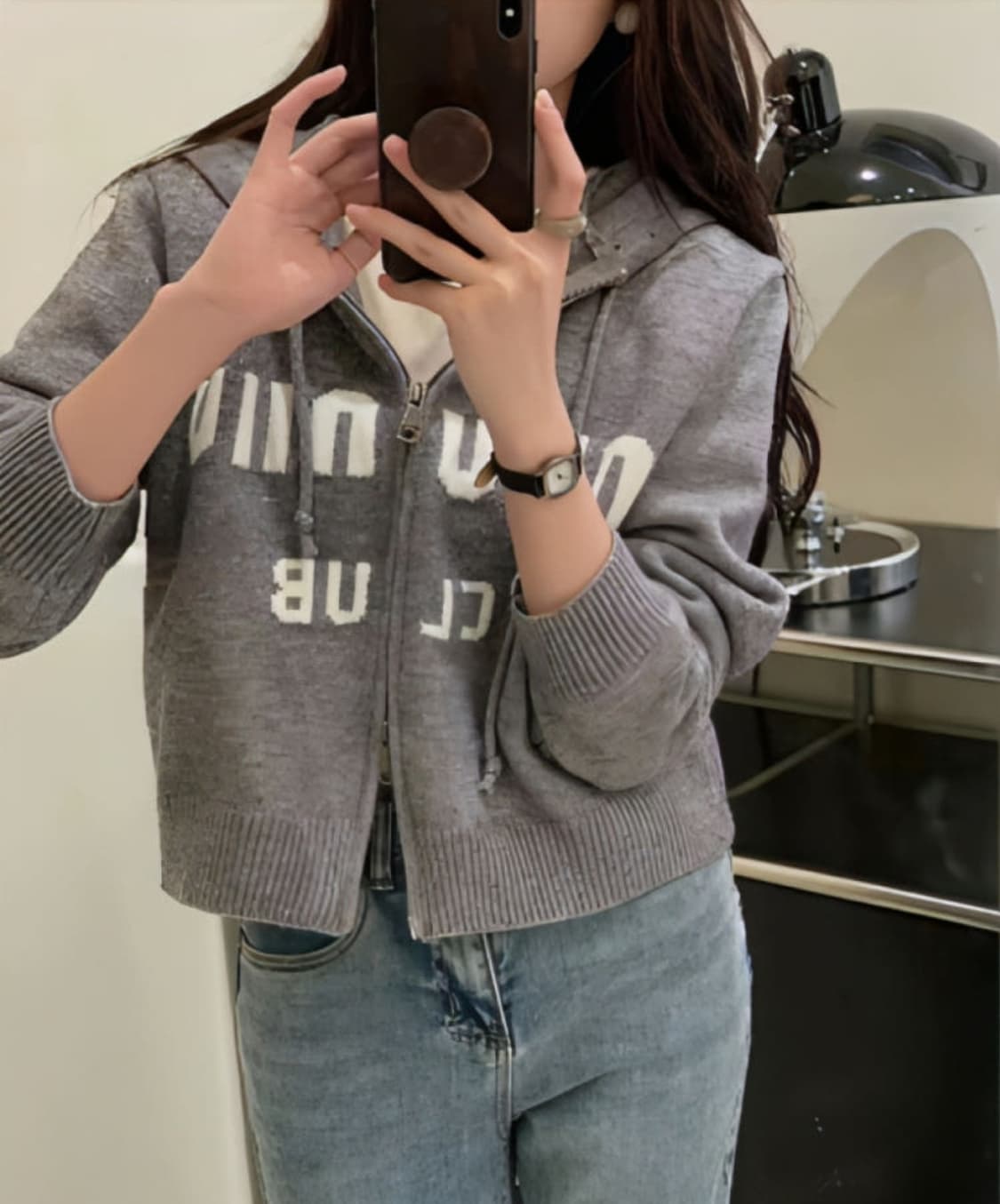 여성 크롭 니트 후드 짚업 자켓 (S) 상품이미지2