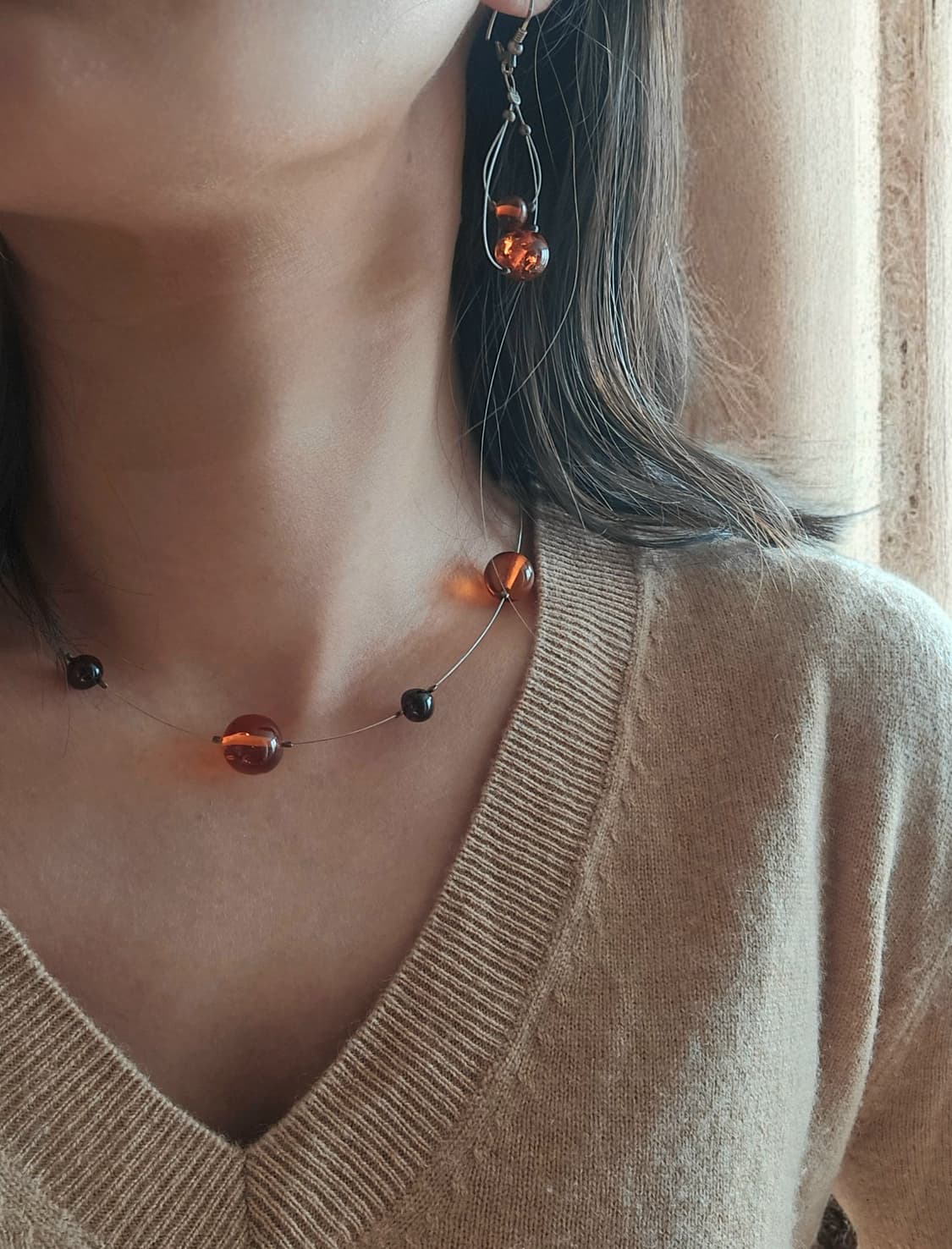 🇺🇸앰버 원석 앤틱 목걸이 귀걸이 세트 상품이미지2