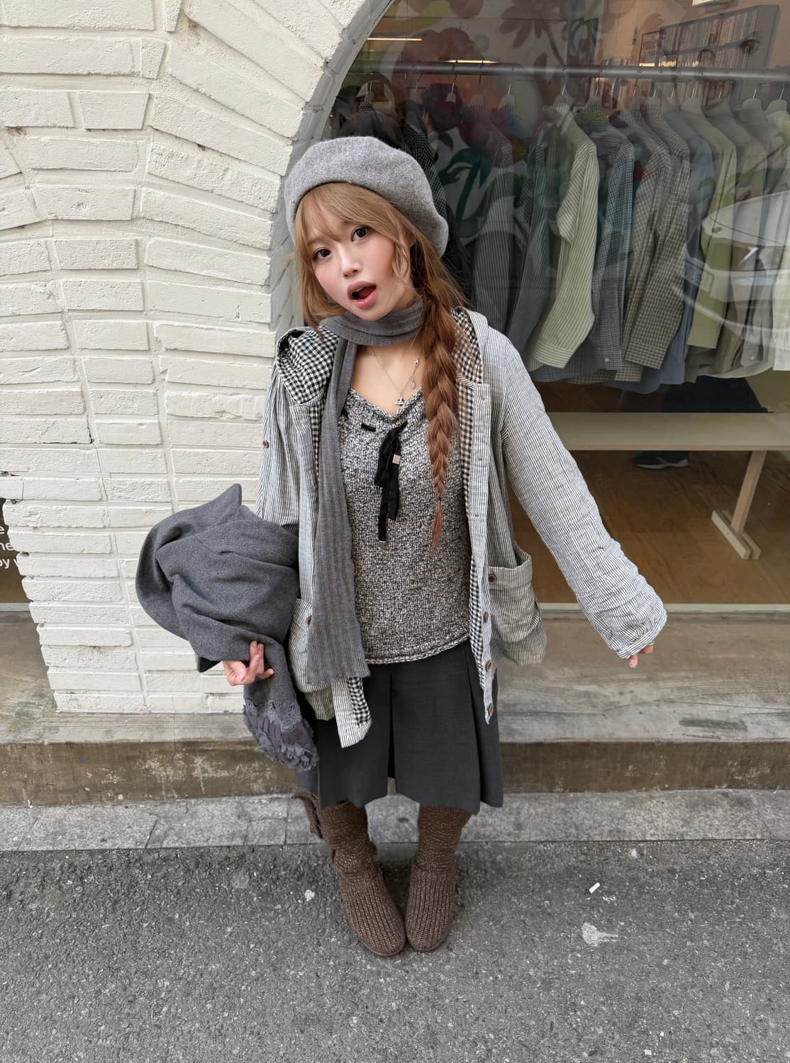 엑시즈팜 레이스 코트 그레이 니혼진 코디세트  상품이미지3