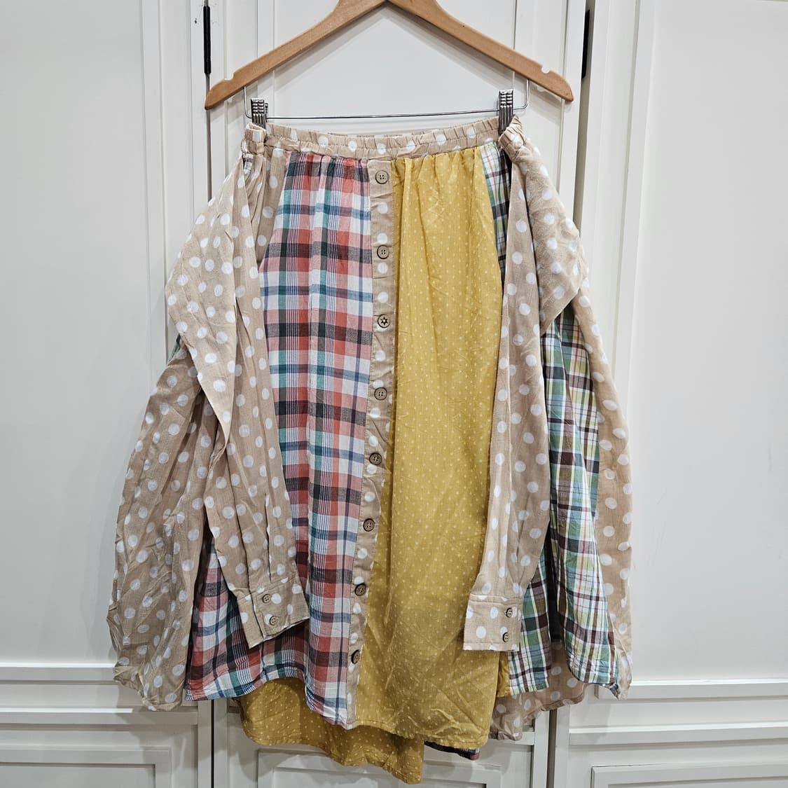 패치워크 도트 체크 롱 스커트 상품이미지2