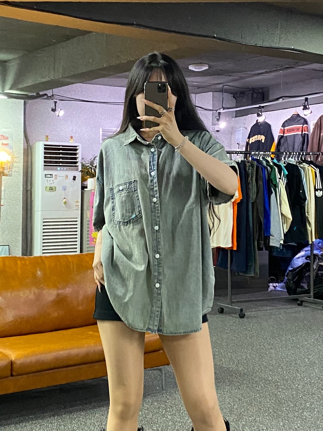 트릴리온 스톤 워싱 오버핏 데님 반팔 셔츠 B5221 상품이미지1