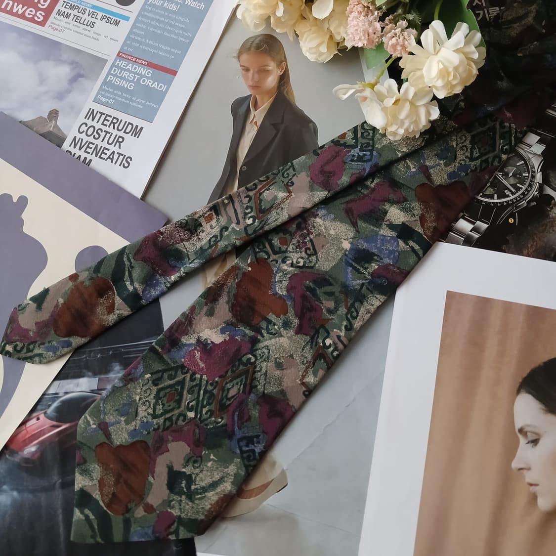 꾸레쥬 실크 다크그린 아트 패턴 넥타이 9.5cm A+등급 A19383
 상품이미지5