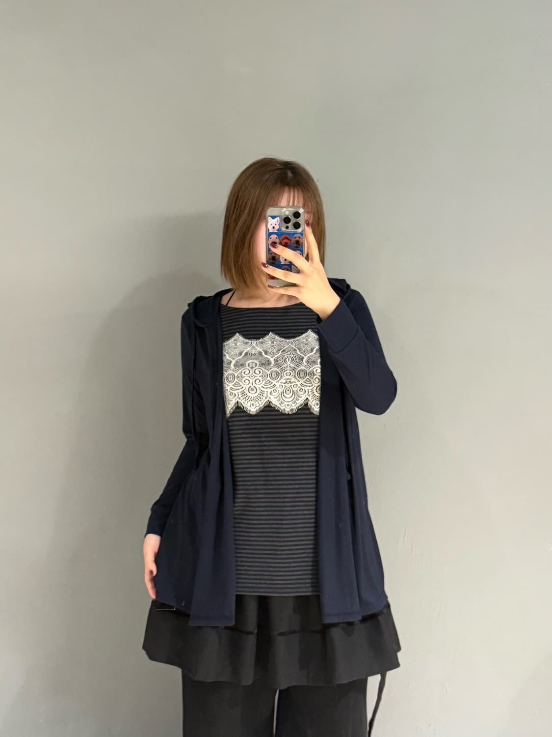 stripe top layered detail hood cardigan 상품이미지1