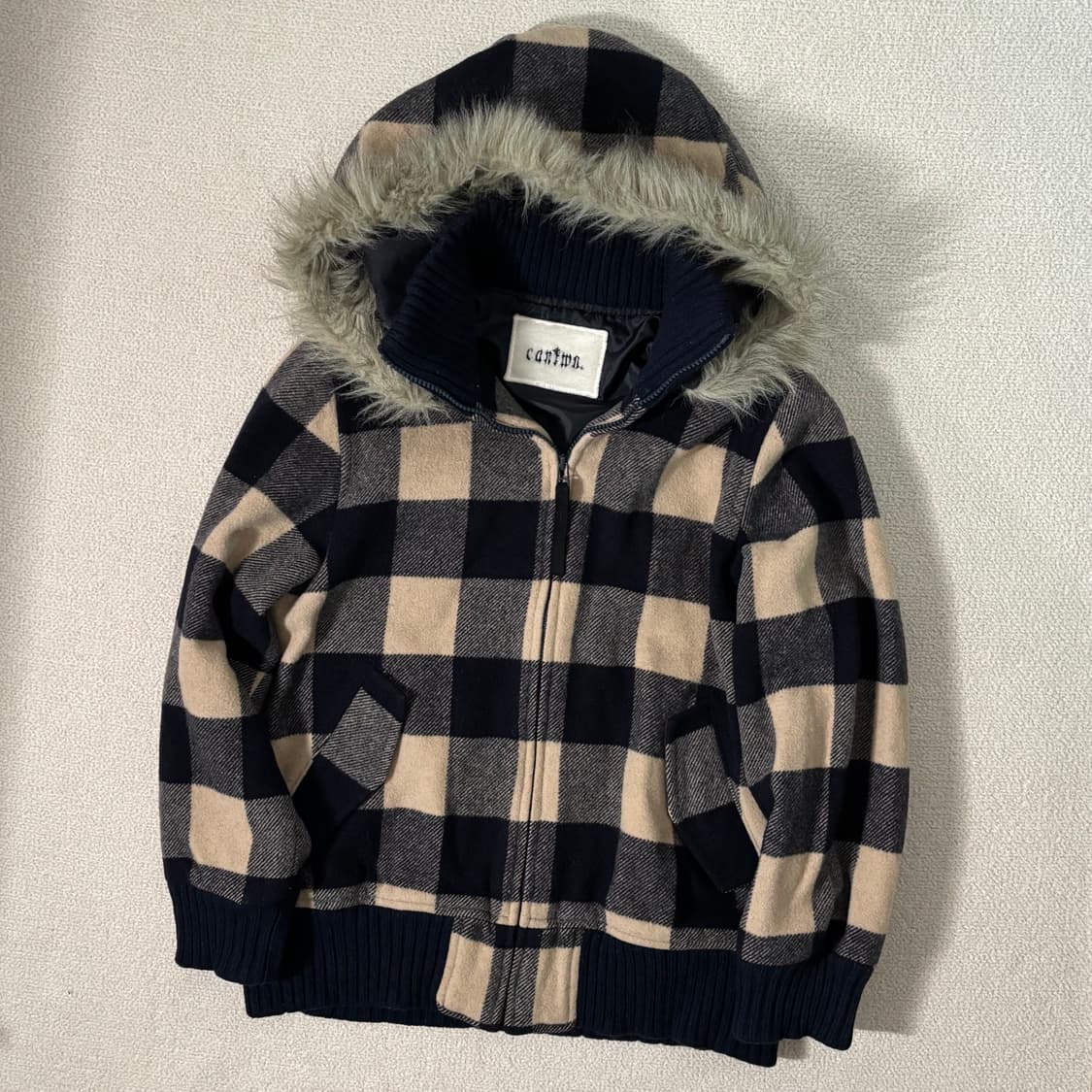 일본빈티지 네이비 체크 퍼 후디 아우터 상품이미지1