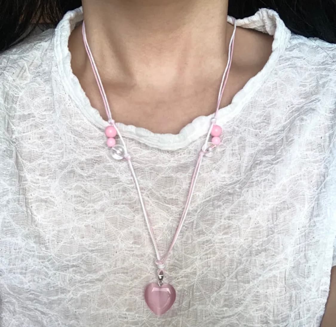 딸기우유 키치 핑크 원석 하트 믹스 매듭 끈 목걸이 달천 상품이미지1