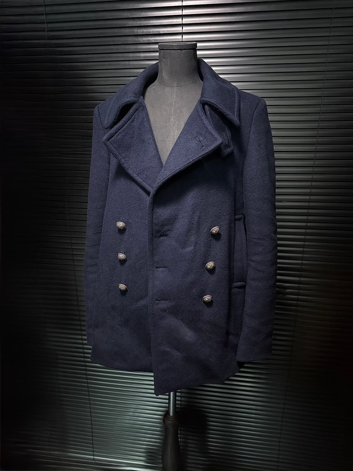 UN COIL 언코일 네이비 남색 울 캐시미어 더블 발마칸 피코트 하이넥 상품이미지1